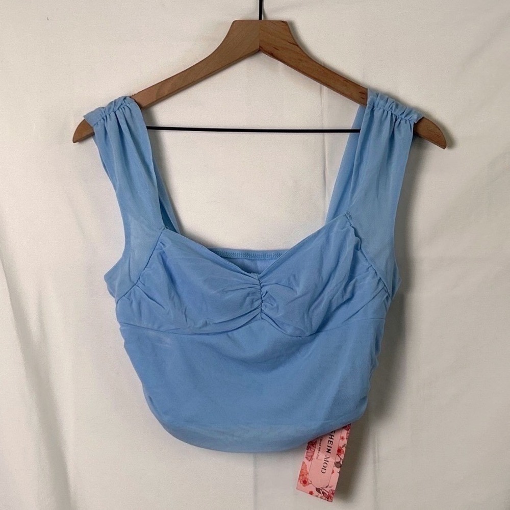 NWT Shein Mod Light Blue Ruched Sweetheart Mesh Crop Top Size L 90's Style